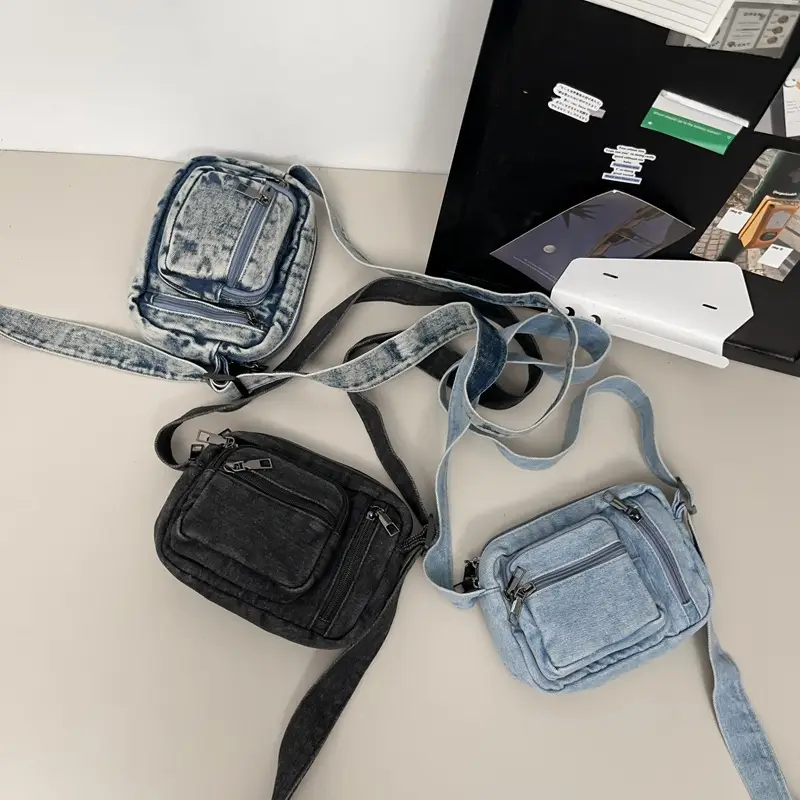 Vintage Washed Denim Mini Shoulder Bag for Men Women