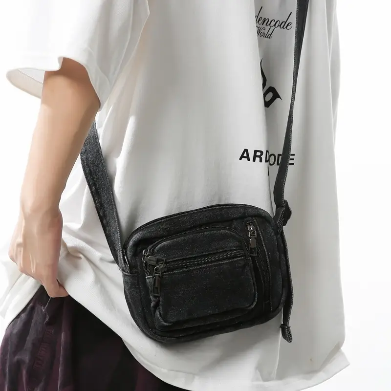 Vintage Washed Denim Mini Shoulder Bag for Men Women