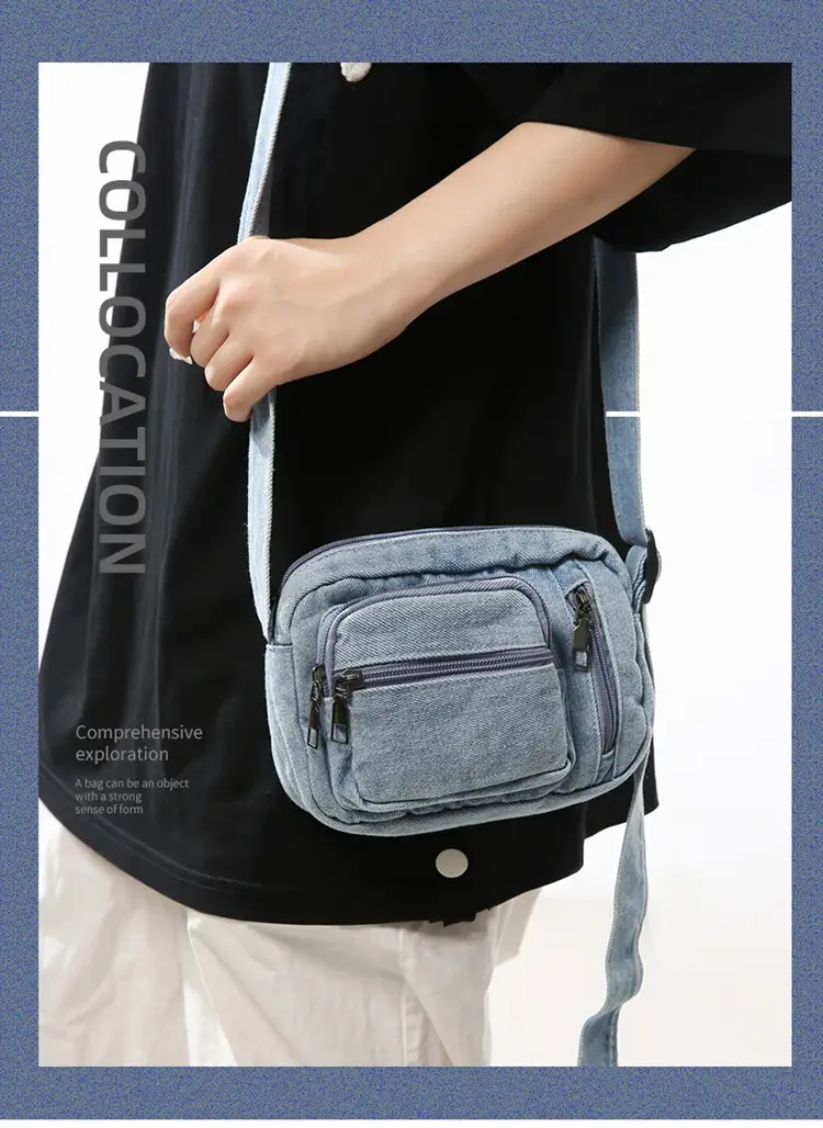 Vintage Washed Denim Mini Shoulder Bag for Men Women — feature 1