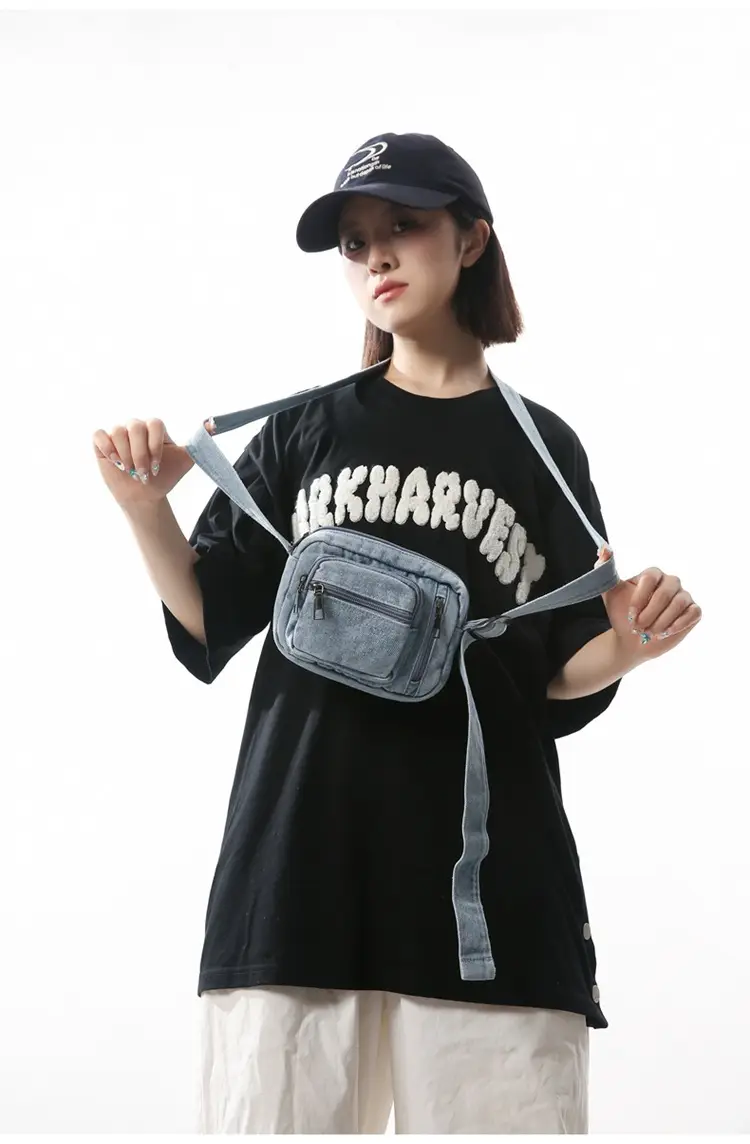 Vintage Washed Denim Mini Shoulder Bag for Men Women — feature 11