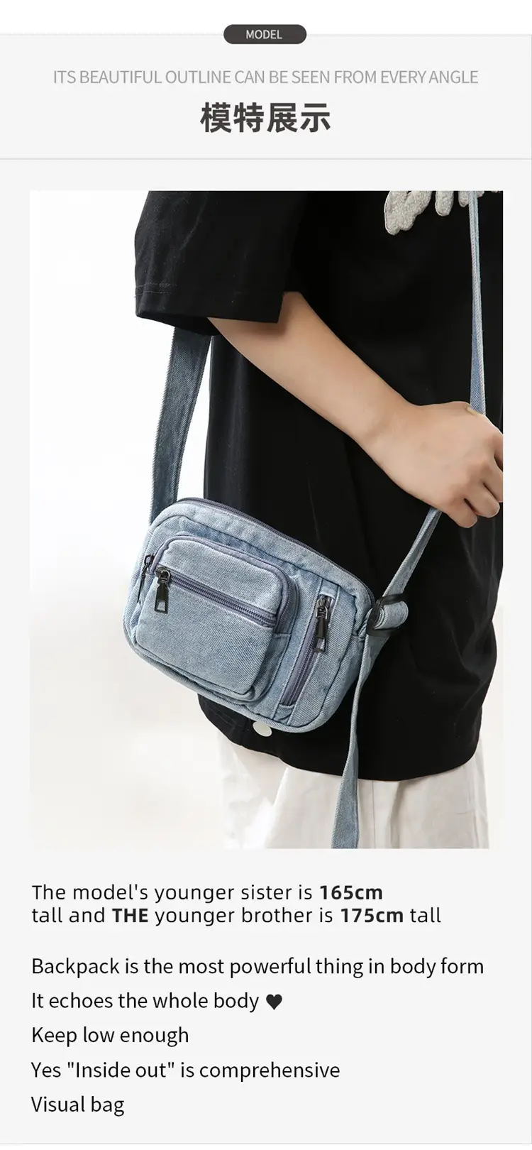 Vintage Washed Denim Mini Shoulder Bag for Men Women — feature 8