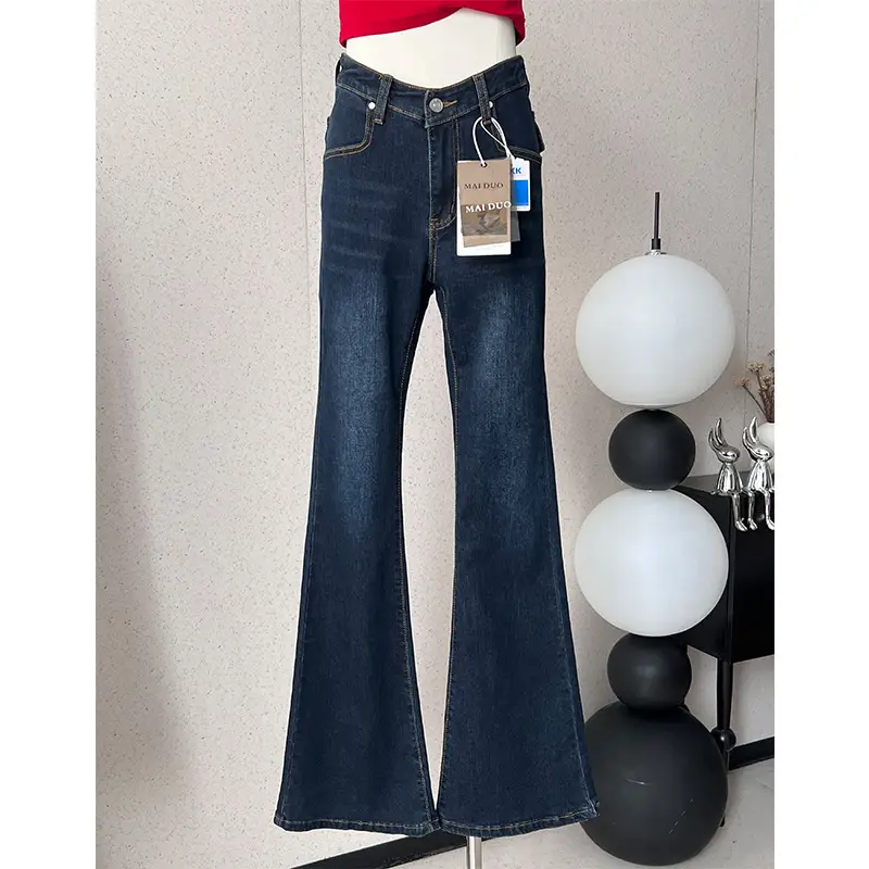 Dark Blue Flared Jeans Women High Waist Stretchy Slim Fit