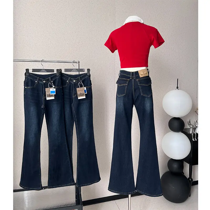 Dark Blue Flared Jeans Women High Waist Stretchy Slim Fit