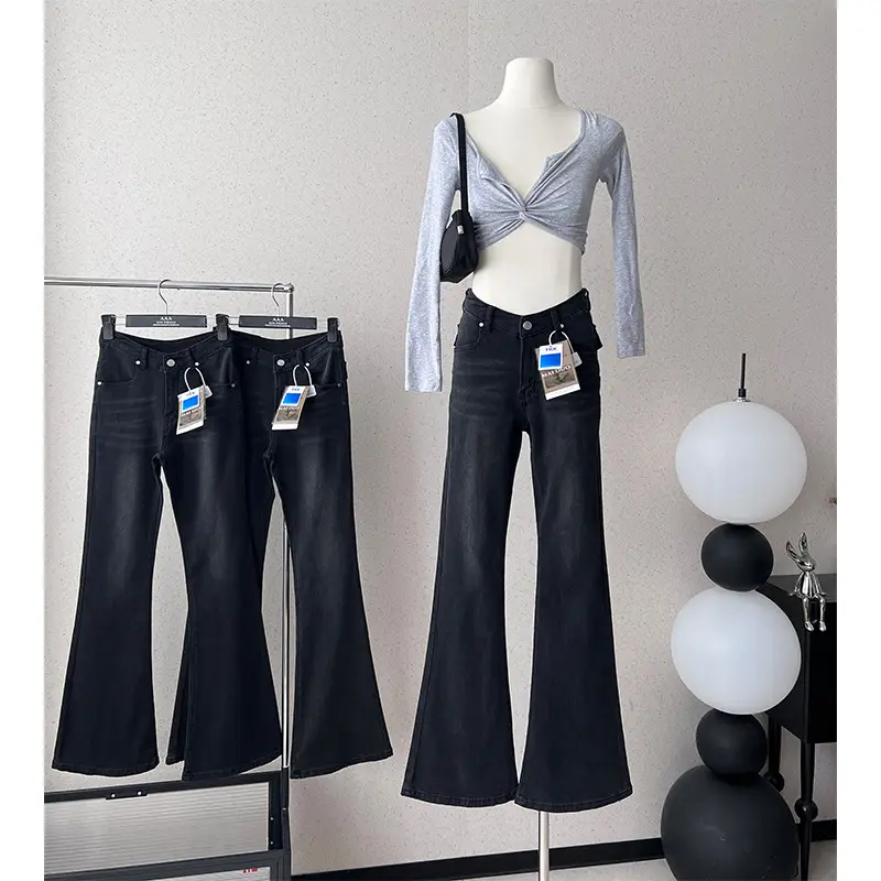 Dark Blue Flared Jeans Women High Waist Stretchy Slim Fit