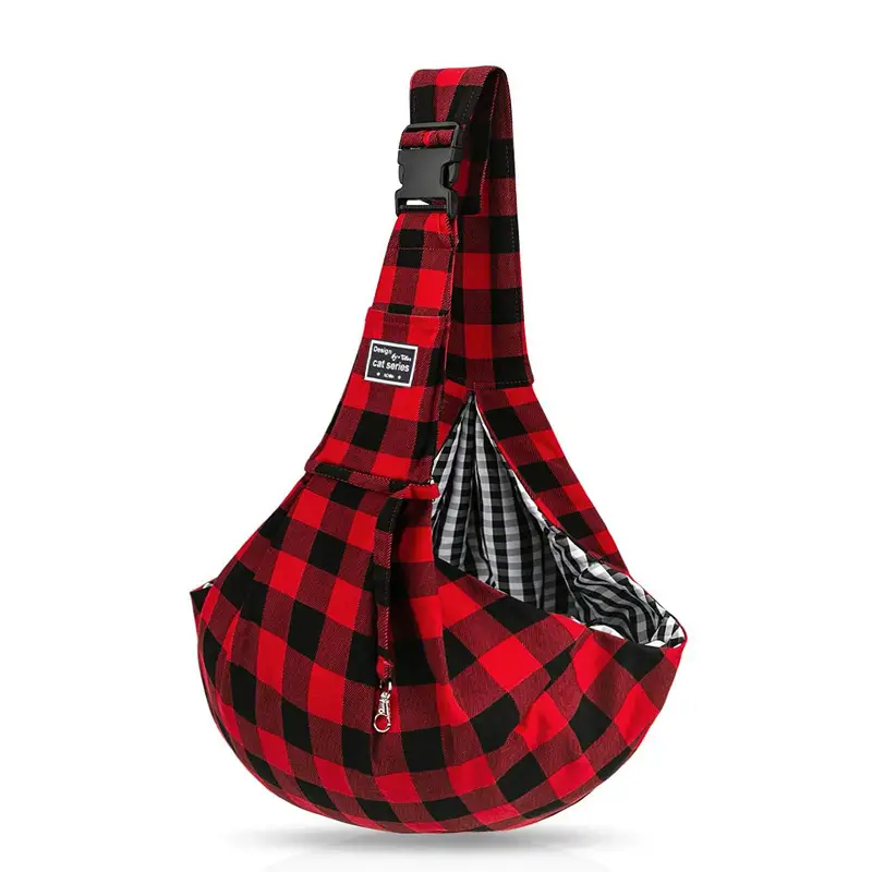 Pet Outgoing Carrying Bag Red Black Lattice Polyester Cotton Large Capacity Snap Adjustable Shoulder Strap - Image 2