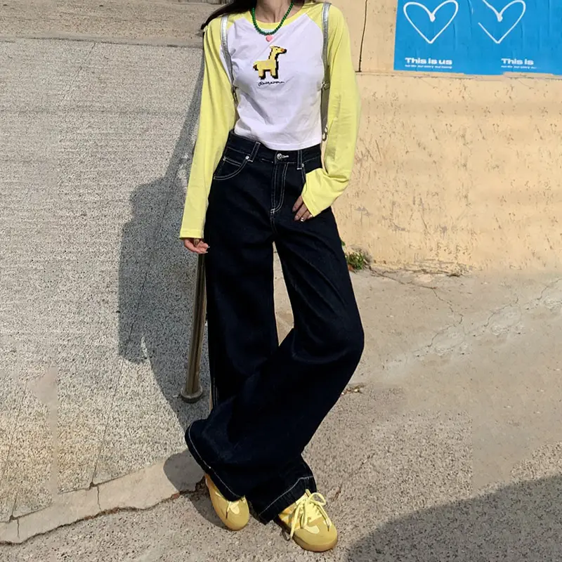 Women American Style Wide Leg Jeans with High Waist Pants