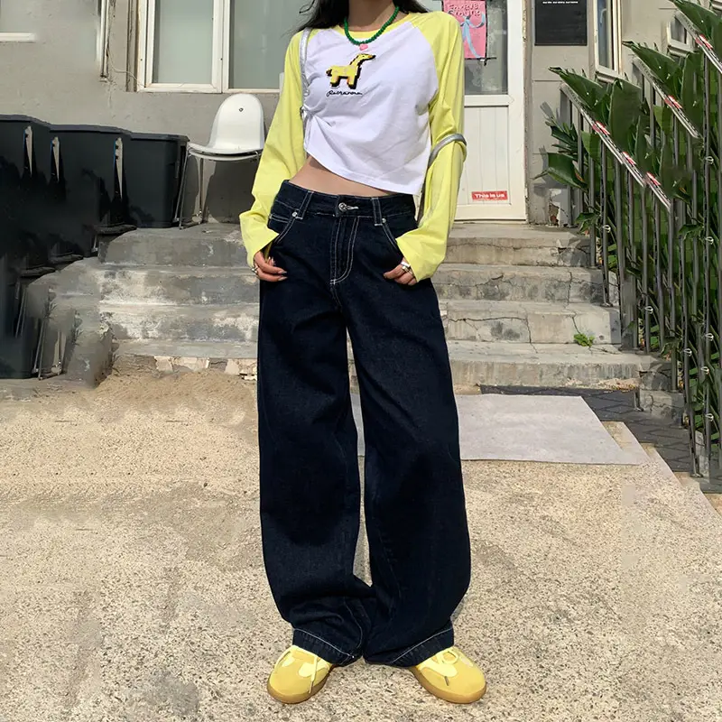Women American Style Wide Leg Jeans with High Waist Pants
