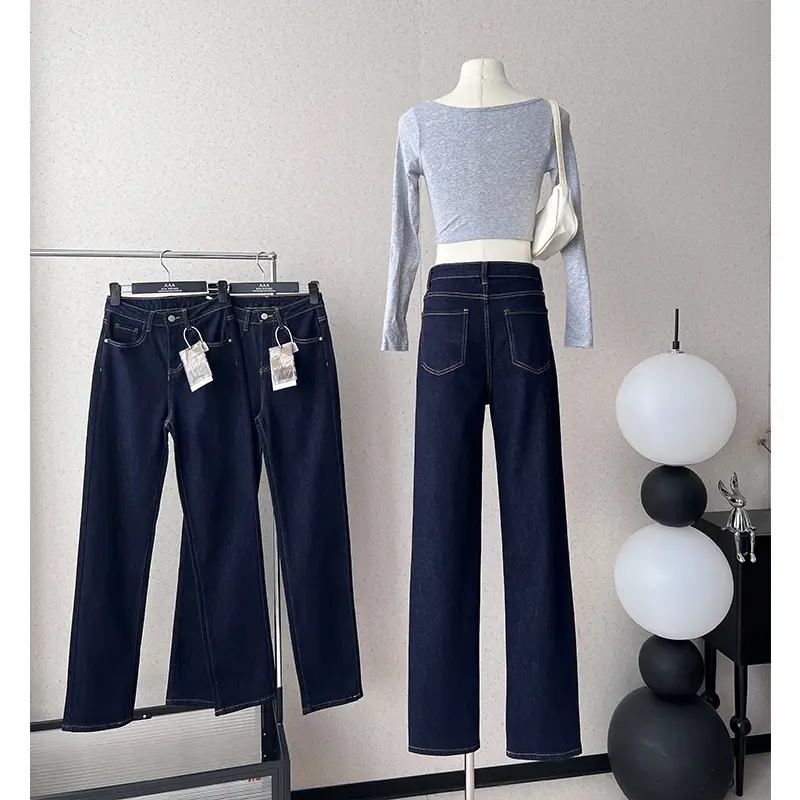 Dark Blue Wide Leg Jeans Women Spring Autumn