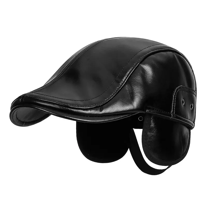Men's Black PU Leather Adjustable Cap Winter Warm - Image 7