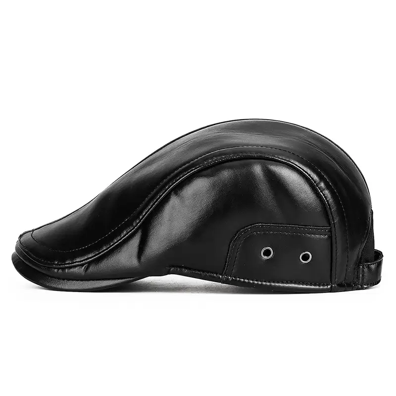 Men's Black PU Leather Adjustable Cap Winter Warm - Image 9