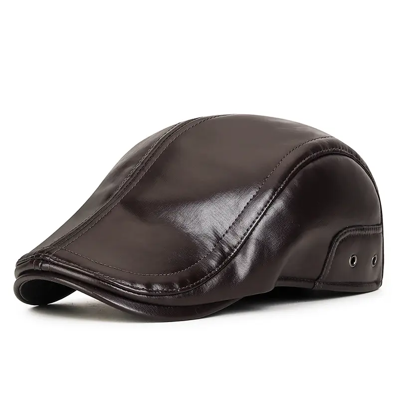 Men's Black PU Leather Adjustable Cap Winter Warm - Image 2