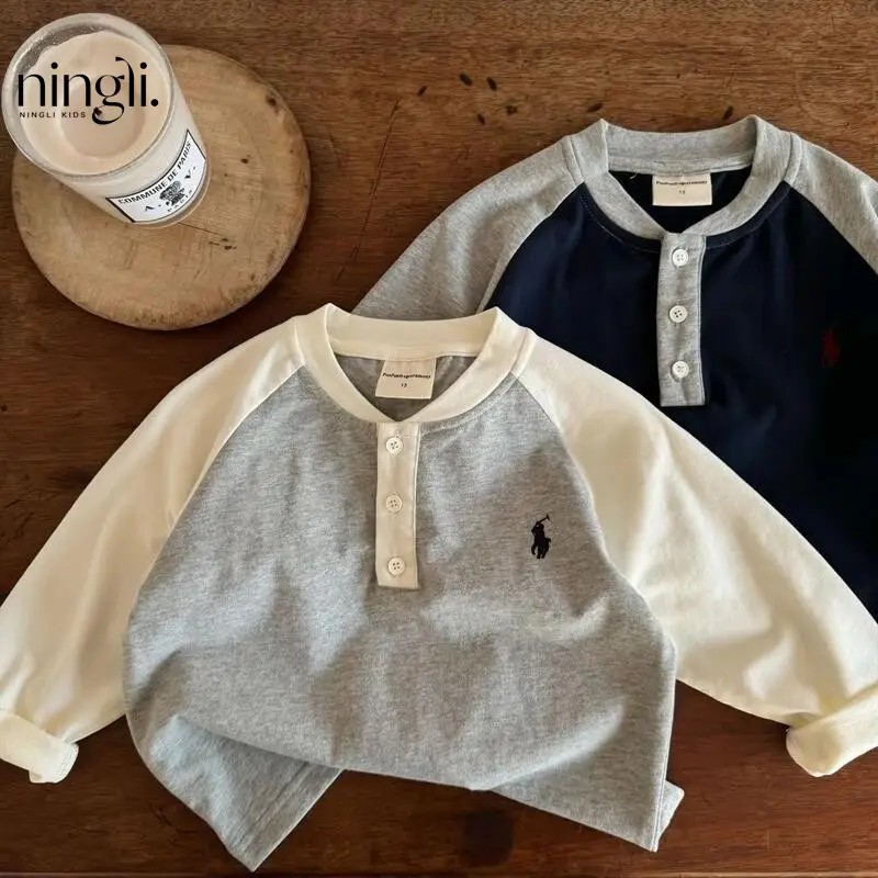 Ningli Kids T-Shirt Long Sleeve Boys Cotton Navy Blue