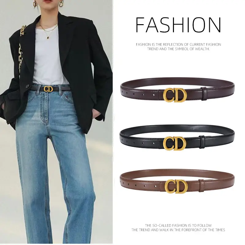 Women's Brown Cd Buckle Belt with Gold Plated Metal