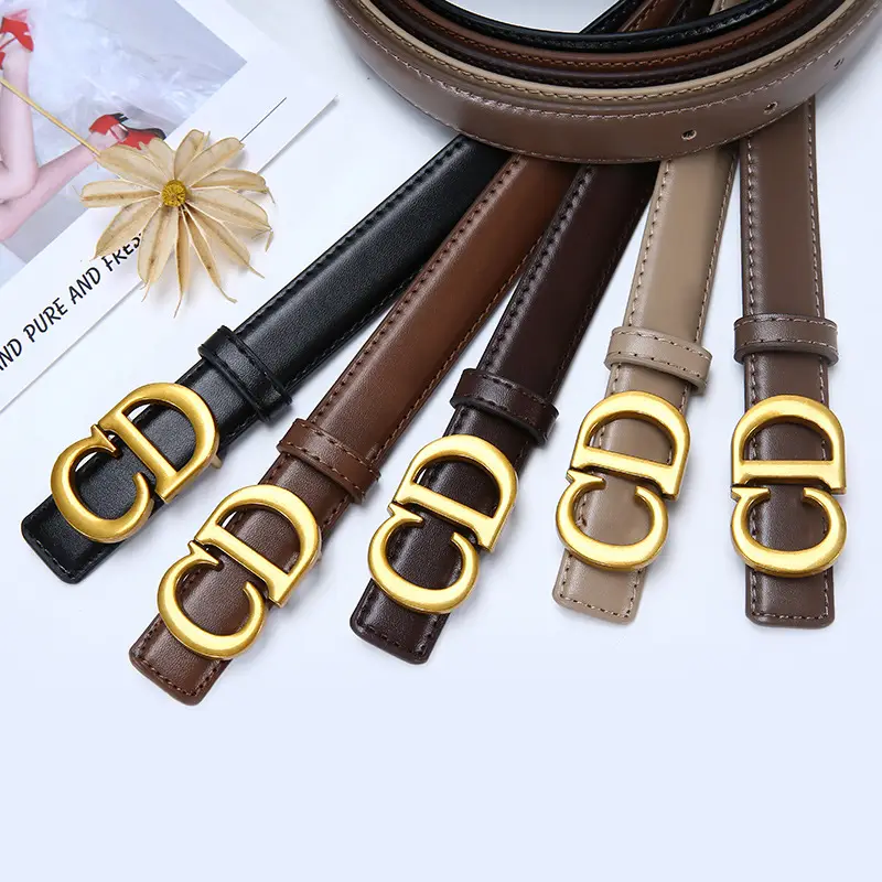 Women's Brown Cd Buckle Belt with Gold Plated Metal