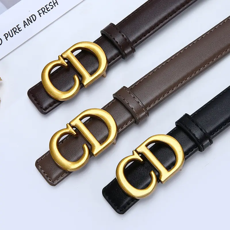 Women's Brown Cd Buckle Belt with Gold Plated Metal