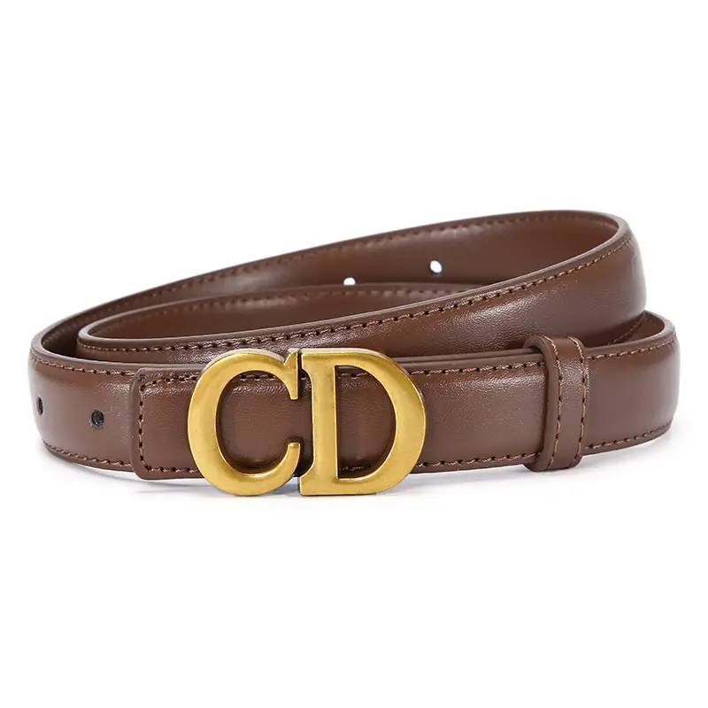Women's Brown Cd Buckle Belt with Gold Plated Metal