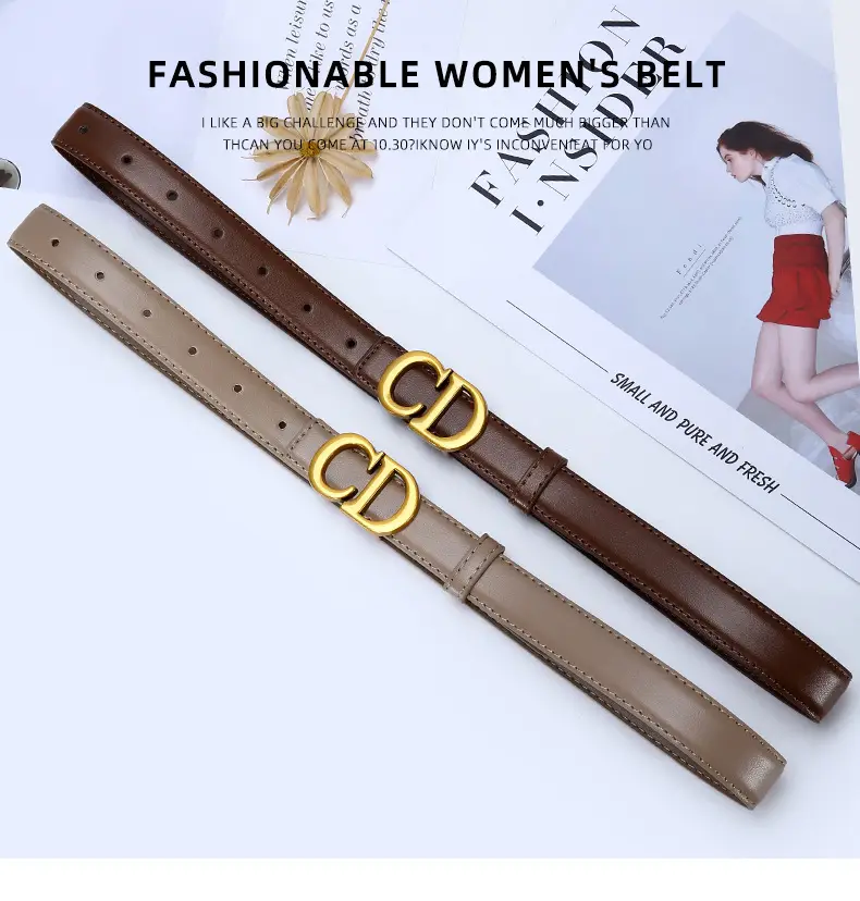 Women's Brown Cd Buckle Belt with Gold Plated Metal — feature 13