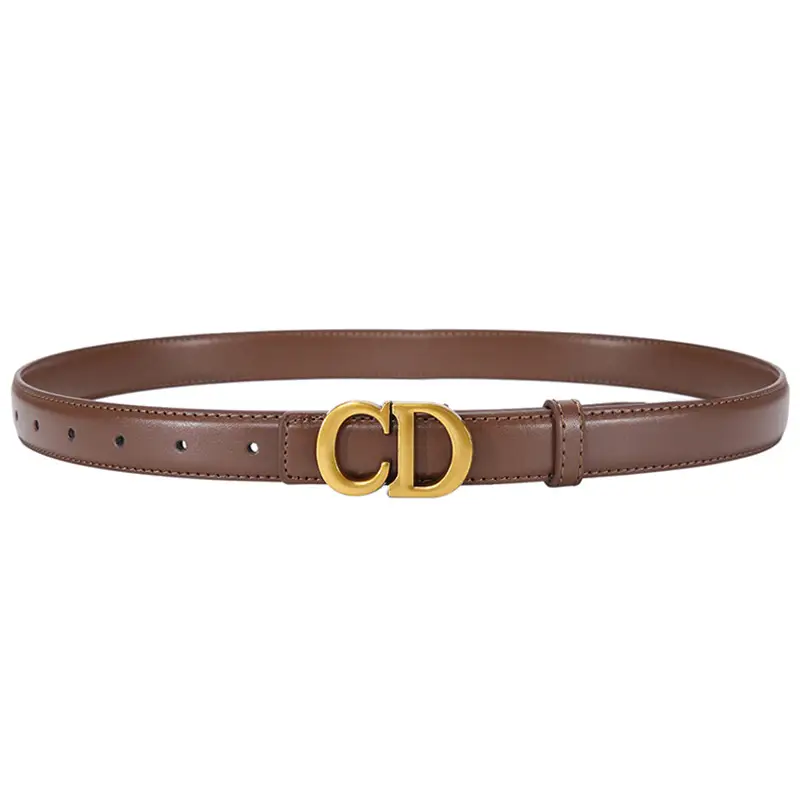 Women's Brown Cd Buckle Belt with Gold Plated Metal