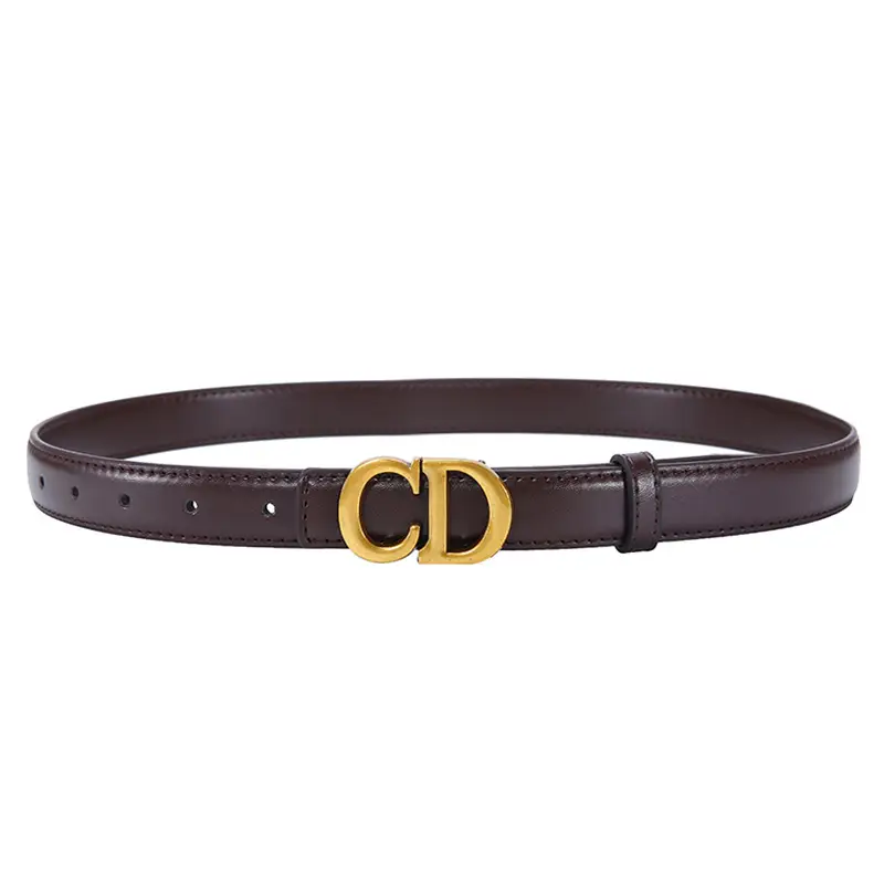 Women's Brown Cd Buckle Belt with Gold Plated Metal