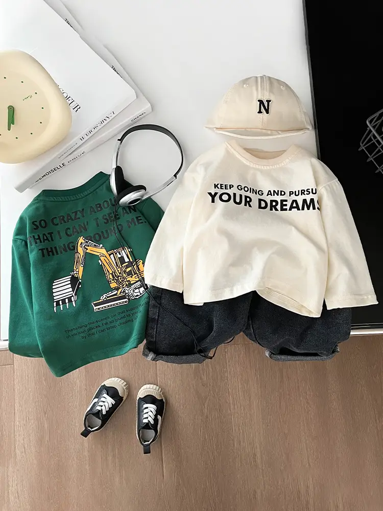Boys Cotton Long Sleeve T-Shirt Green White Dream Print - Image 2
