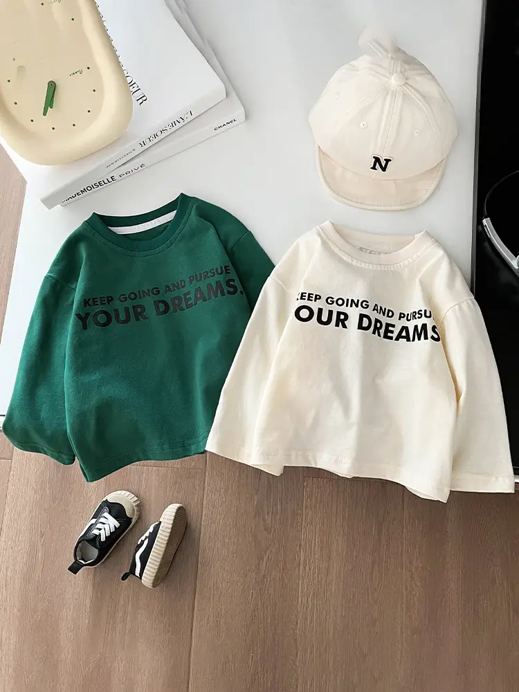 Boys Cotton Long Sleeve T-Shirt Green White Dream Print - Image 3