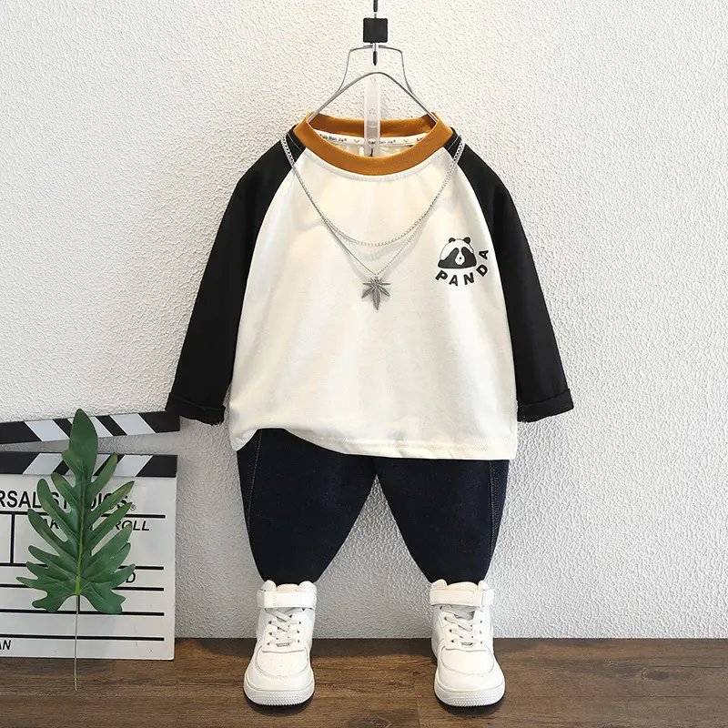 Boys Cotton Raglan Sleeve T-Shirt Cream Black Spring Autumn - Image 3