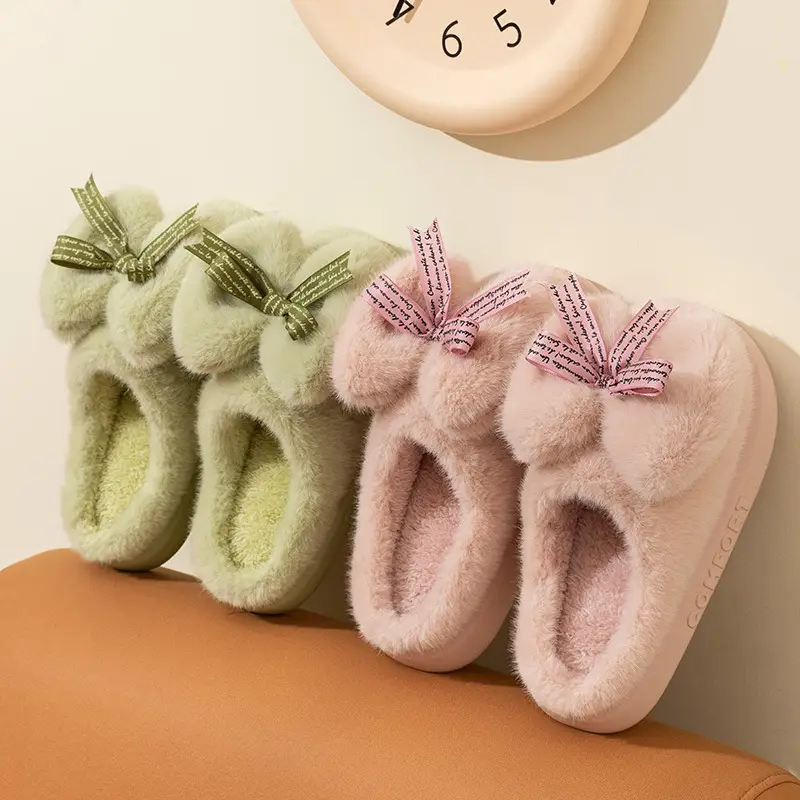 2026 New Style Women's Autumn and Winter Thick-Soled Home Slippers with Bowknot, Warm Soft-Soled Slippers for Winter