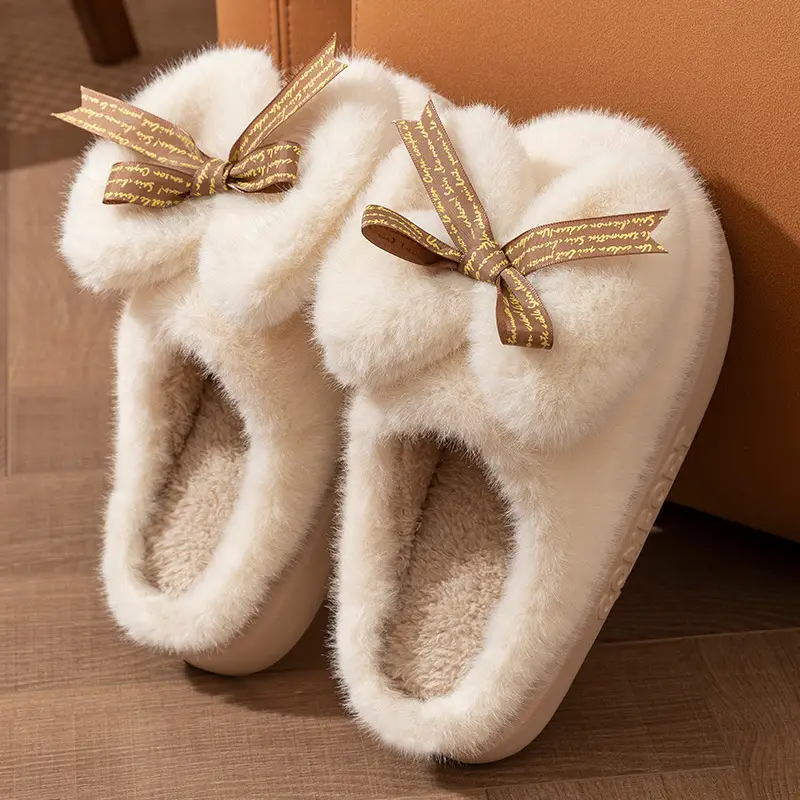 2026 New Style Women's Autumn and Winter Thick-Soled Home Slippers with Bowknot, Warm Soft-Soled Slippers for Winter