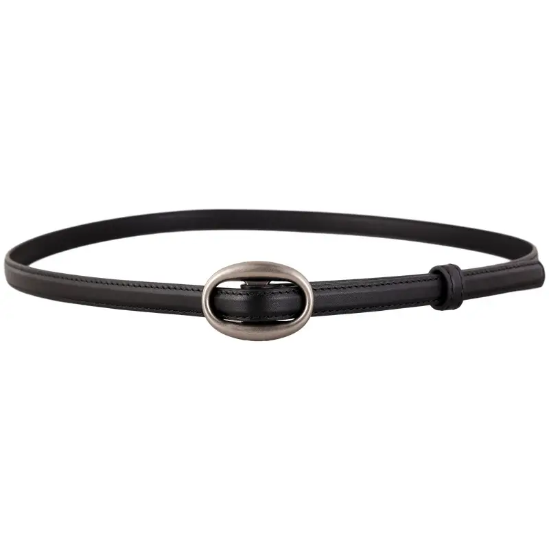 Black Genuine Leather Oval Buckle Belt for Women - Image 7
