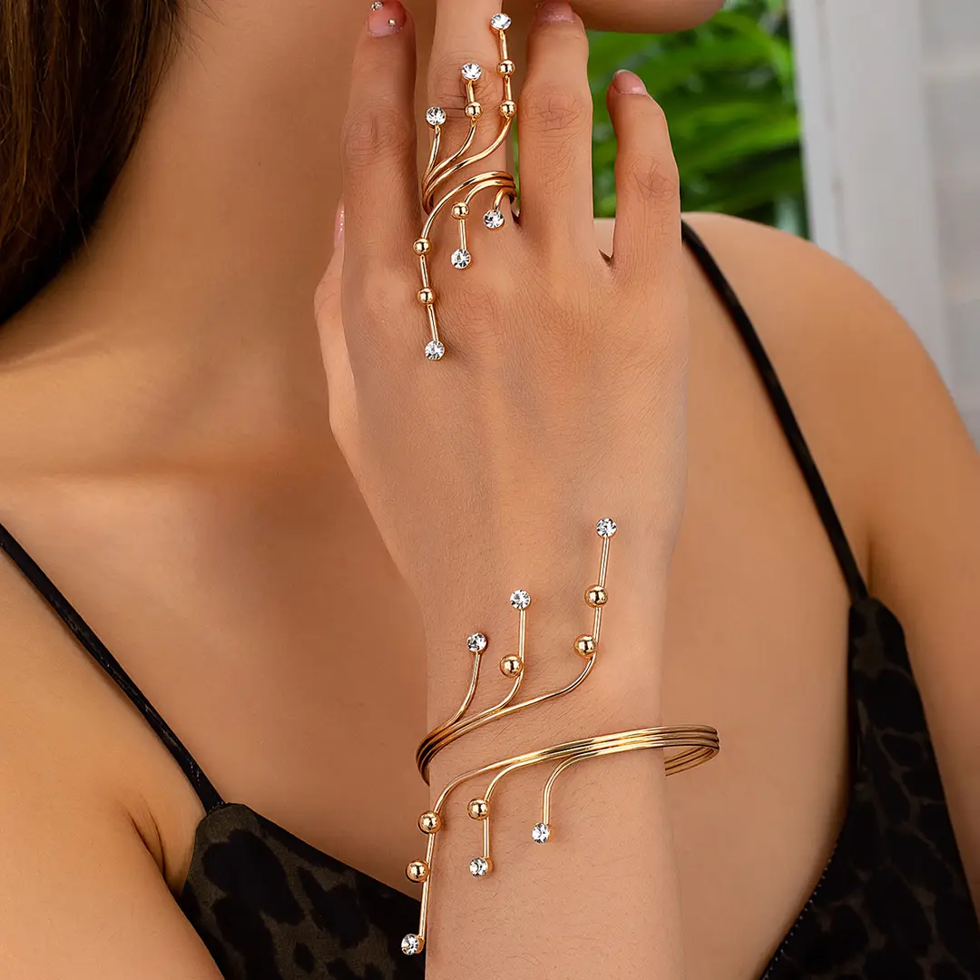 European and American Cross-Border Fashion Minimalist Geometric Pearl Winding Line Ring and Bracelet Set Exaggerated Women's Arm Bracelet