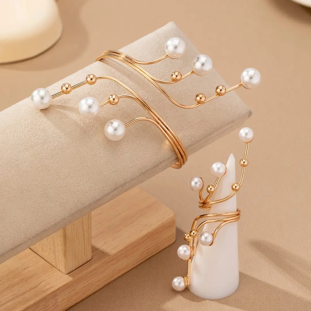 European and American Cross-Border Fashion Minimalist Geometric Pearl Winding Line Ring and Bracelet Set Exaggerated Women's Arm Bracelet