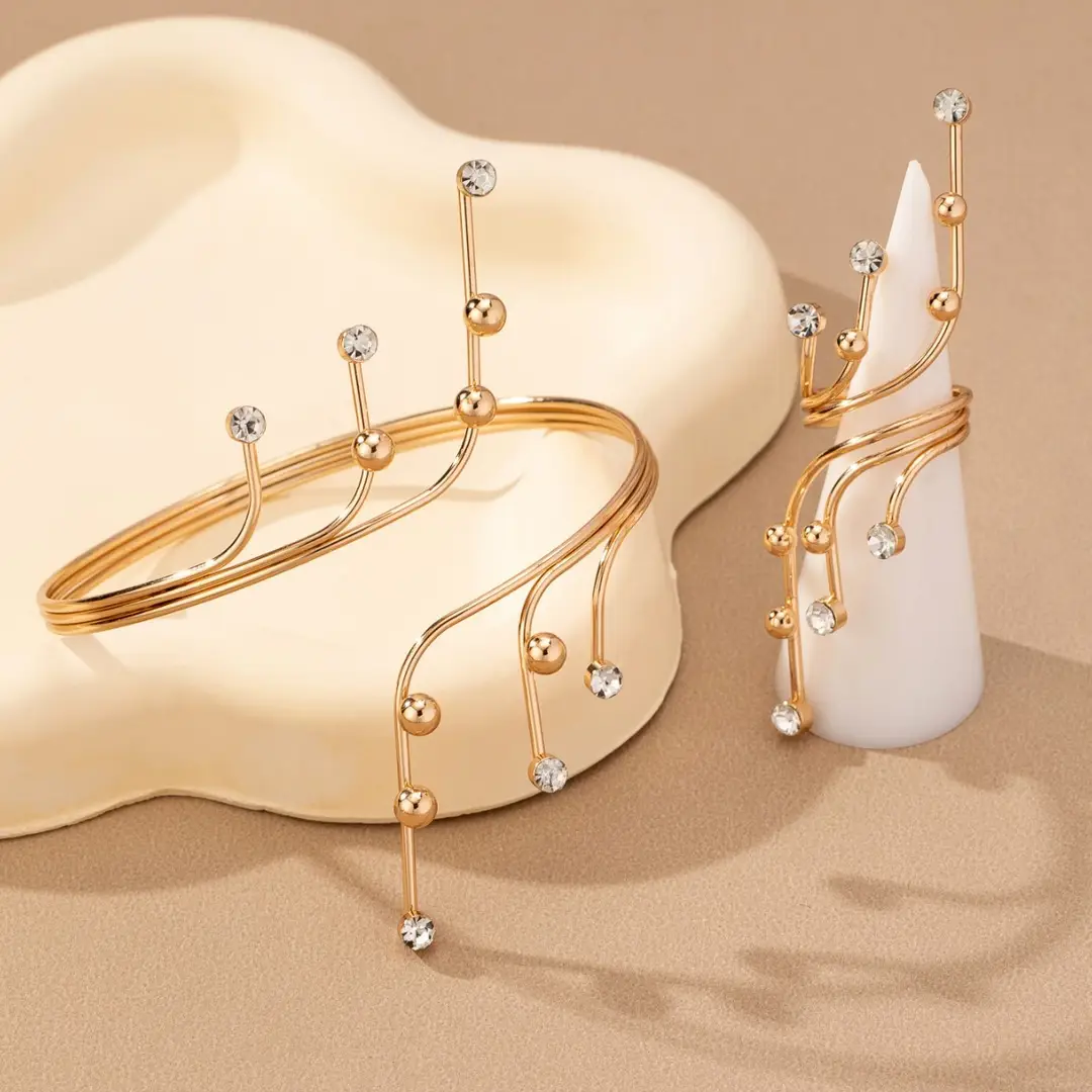 European and American Cross-Border Fashion Minimalist Geometric Pearl Winding Line Ring and Bracelet Set Exaggerated Women's Arm Bracelet