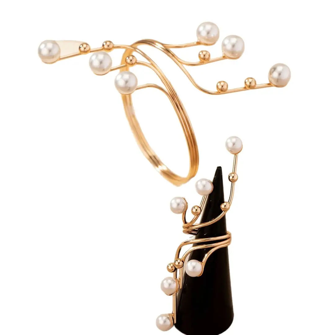 European and American Cross-Border Fashion Minimalist Geometric Pearl Winding Line Ring and Bracelet Set Exaggerated Women's Arm Bracelet