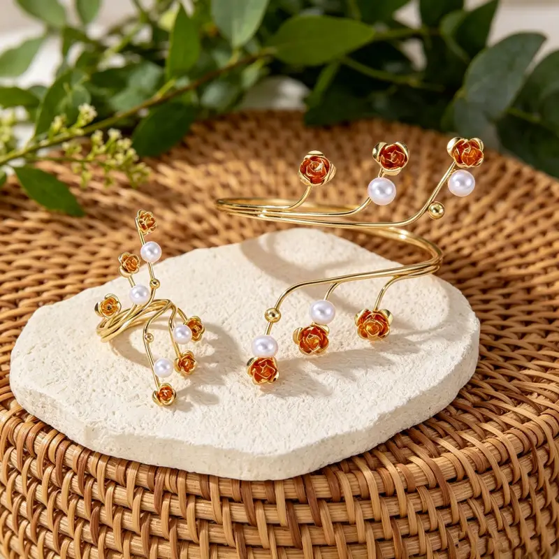 European and American Cross-Border Fashion Minimalist Geometric Pearl Winding Line Ring and Bracelet Set Exaggerated Women's Arm Bracelet