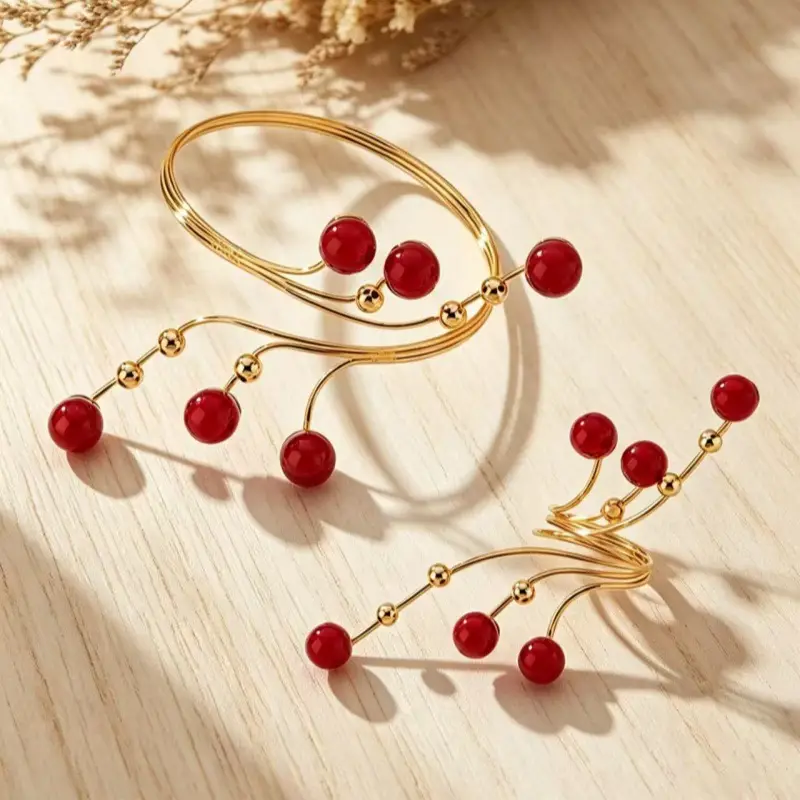 European and American Cross-Border Fashion Minimalist Geometric Pearl Winding Line Ring and Bracelet Set Exaggerated Women's Arm Bracelet