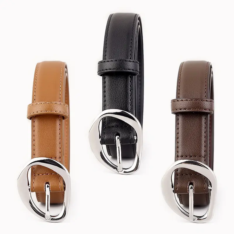 Women's Black Genuine Leather Belt with Oval Pin Buckle - Image 5