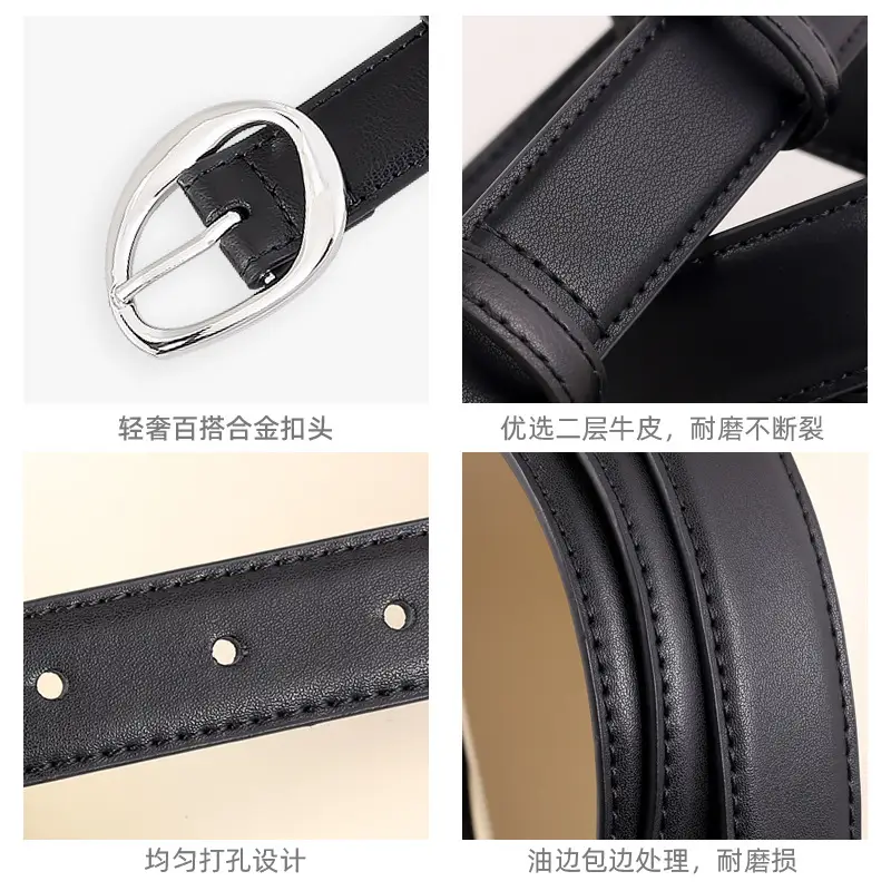 Women's Black Genuine Leather Belt with Oval Pin Buckle - Image 6