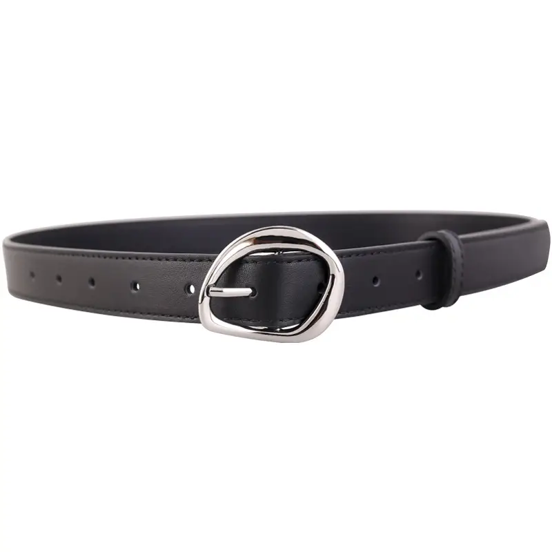 Women's Black Genuine Leather Belt with Oval Pin Buckle - Image 8