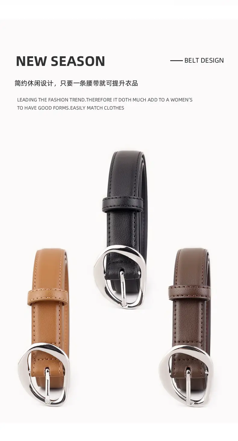 Women's Black Genuine Leather Belt with Oval Pin Buckle — feature 12