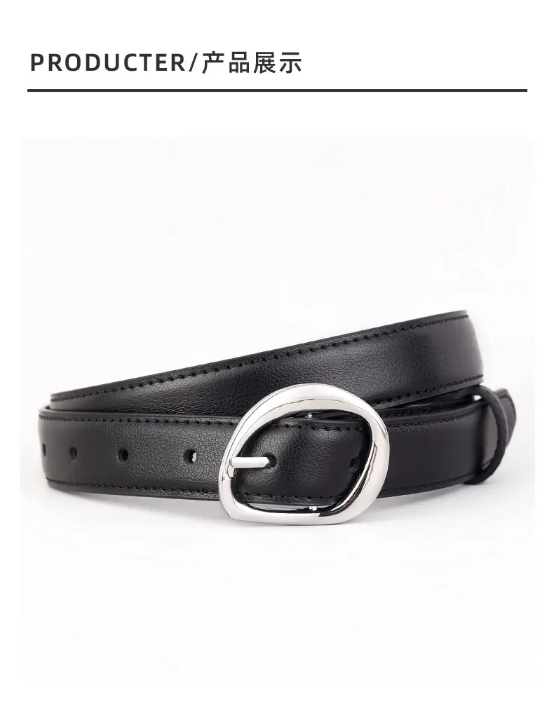 Women's Black Genuine Leather Belt with Oval Pin Buckle — feature 21