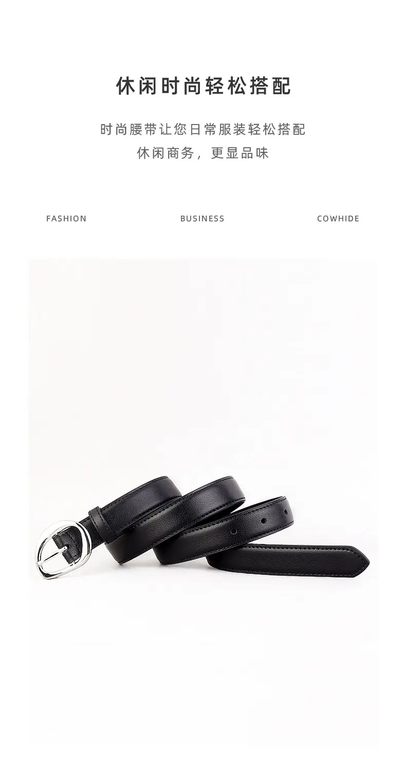 Women's Black Genuine Leather Belt with Oval Pin Buckle — feature 9