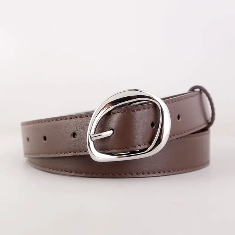 Women's Black Genuine Leather Belt with Oval Pin Buckle - Image 2