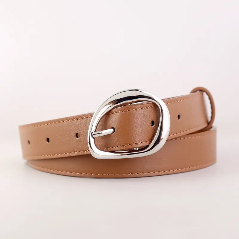 Women's Black Genuine Leather Belt with Oval Pin Buckle - Image 3