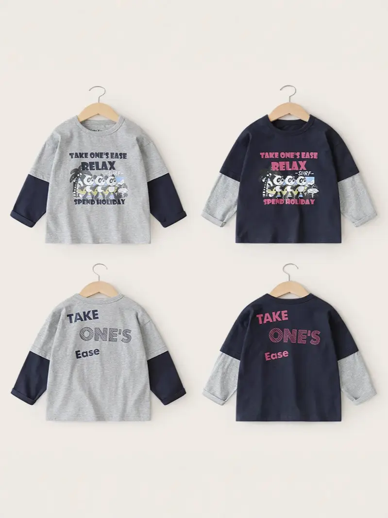 Boys Pure Cotton Fake Two-Piece T-Shirt Spring Fall New Kidsren - Image 2