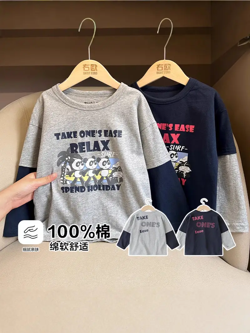 Boys Pure Cotton Fake Two-Piece T-Shirt Spring Fall New Kidsren - Image 3