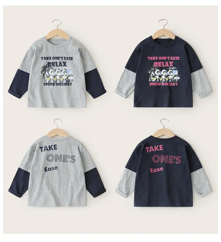 Boys Pure Cotton Fake Two-Piece T-Shirt Spring Fall New Kidsren — feature 3