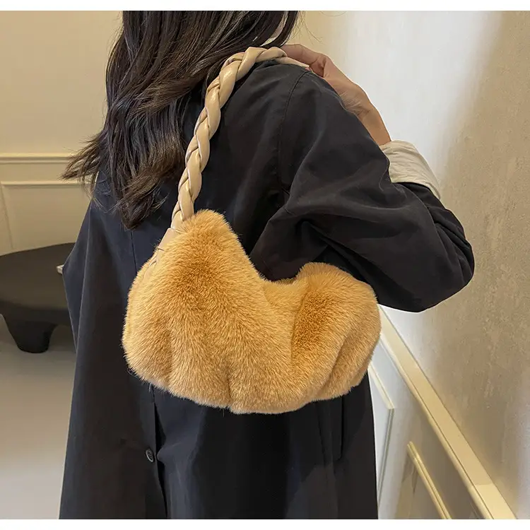 Plush Braided Shoulder Bag Brown Girl's Casual Handbag - Image 8