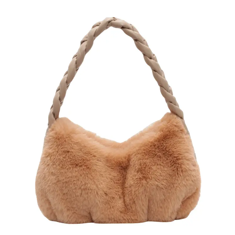 Plush Braided Shoulder Bag Brown Girl's Casual Handbag - Image 5