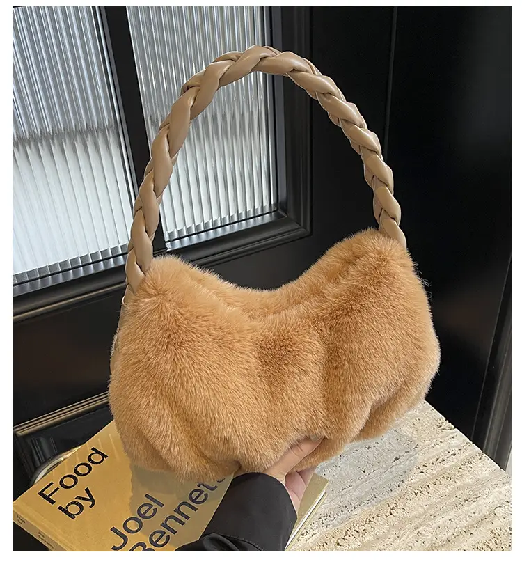Plush Braided Shoulder Bag Brown Girl's Casual Handbag — feature 2