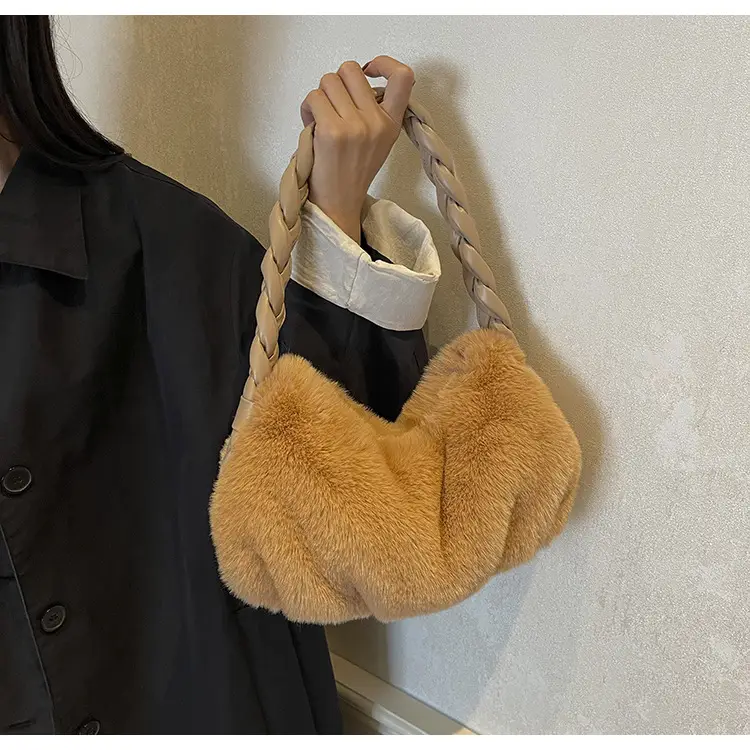 Plush Braided Shoulder Bag Brown Girl's Casual Handbag — feature 21